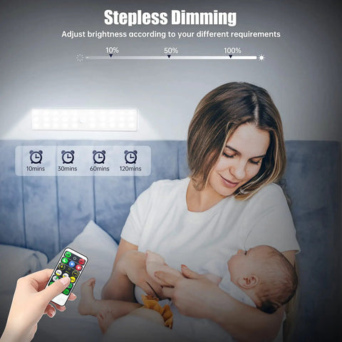 Woman with baby under 30 LED Closet Light With Charging Station And Motion Sensor Under Cabinet Lighting Kit featuring remote control.