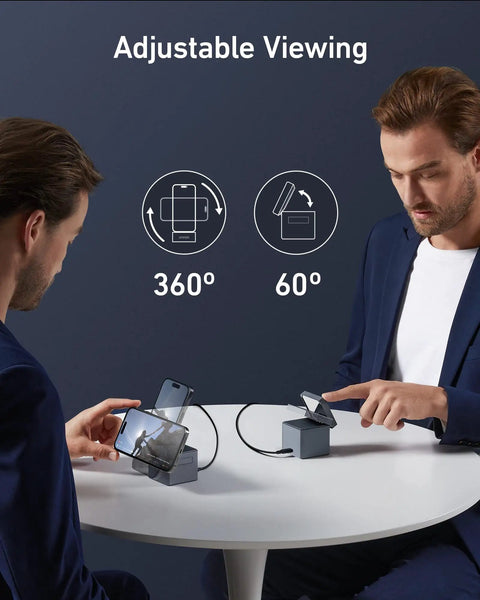 Two men using 3 In 1 MagSafe Wireless Charger Stand For iPhone 17 16 15, Apple Watch Series 1 To 8 Ultra, AirPods on a table