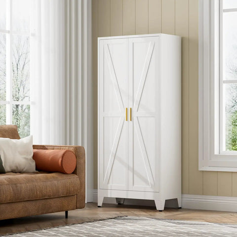 Huge 61 Inch Farmhouse Pantry Cabinet With Two Barn Doors, White Finish, in living room setting