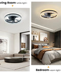 20 Inch Black Ceiling Fan With Light Remote Dimmable Enclosed Bladeless Design in living room and bedroom settings