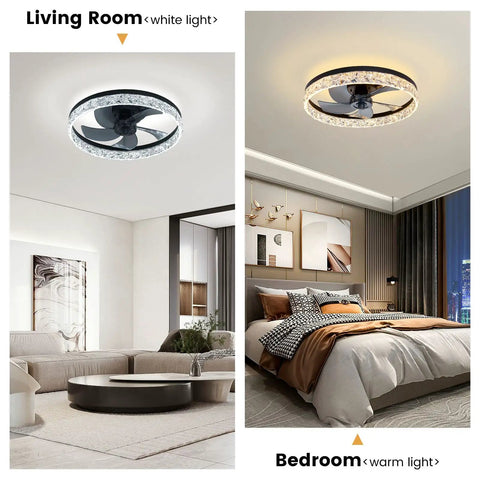 20 Inch Black Ceiling Fan With Light Remote Dimmable Enclosed Bladeless Design in living room and bedroom settings