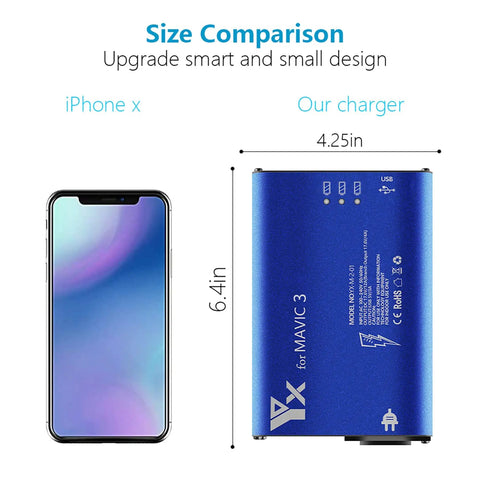 Size comparison of Time Saving Three Battery Go-To Charger Hub for DJI Mavic 3 Series next to iPhone X