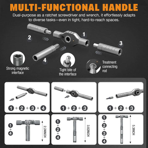 Diagram of a multi-functional handle from 42 In 1 Magnetic Ratchet Screwdriver Set with detachable parts and ergonomic design