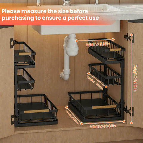 Under Sink Organizer Set, 2 Pack 3 Tier Pull Out Shelf Organizers for Cabinets with L Shaped Design shown in kitchen setup