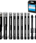 DKIBBIT 10-piece dry diamond drill bit set for ceramic and glass; round shank black bits with diamond grit and case.