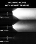 IYP365 Nichia High CRI Pen Light showing 3 modes: high, medium, low, for medical exams, 125 lumen diffused output, IP68 waterproof.