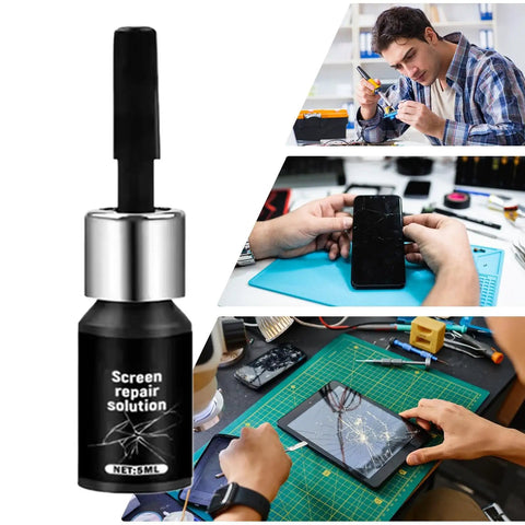 Glass Repair Liquid For Cracks 5ml Quick Universal Agent with images of screen repair on devices and a used 5ml bottle