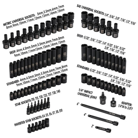 Pro Grade One Quarter Inch Drive Impact Socket Set with assorted 6-point Torx and Inverted Torx sockets, universal joints, and adapters.