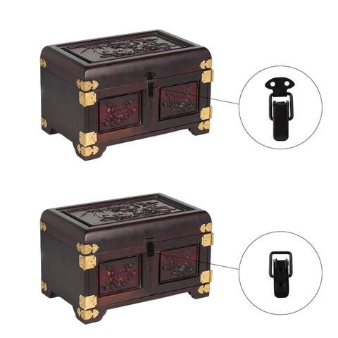 Six Pack Black Spring Lock Clasp Buckle Latch With Screws 1.37 Inch Stainless Steel Small Toggle Latch on a wooden box