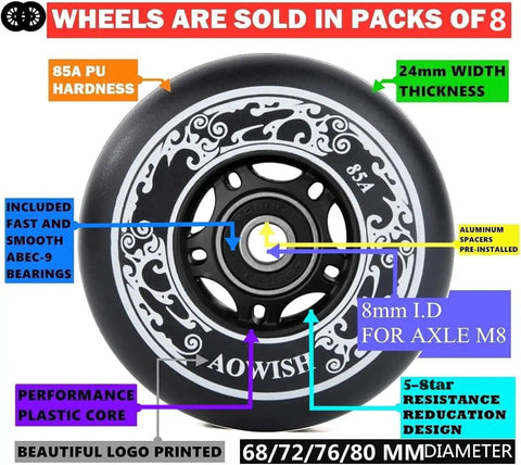 8 Pack Inline Skate Replacement Wheels 85A Outdoor Asphalt Formula For Indoor And Outdoor Use 80mm wheel with printed logo and details