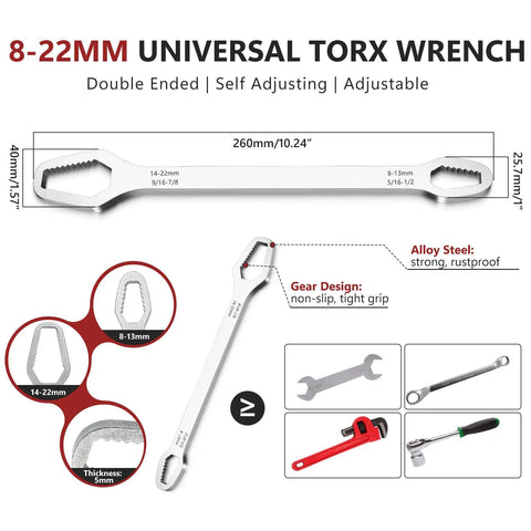 Tight Space Plumbing Tool Set With Basin Wrench And 8 In 1 Faucet Wrench Four Jaw Hex Wrenches shown with universal torx wrench