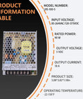 Lrs-100-5 90W 5V 18A Enclosed AC DC Power Supply specifications table with model LRS-100-5, input, output details.