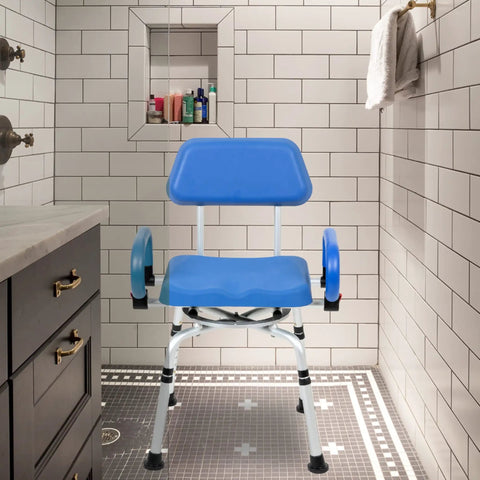 Swivel Pivot Shower Chair With 360 Degree Rotating Seat Padded Seat Back And Armrests Non Slip Base Adjustable Height