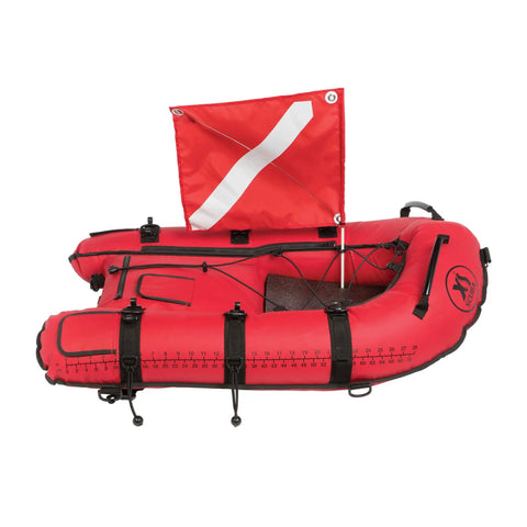 Go To Heavy Duty Universal Floating Object Bag with 600D shell, dive flag, PVC bladders, and D rings, side view.