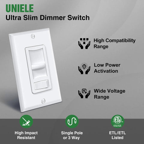 6 Pack Ultra Slim Dimmer Light Switch For LED CFL And Incandescent Lights Easy Install 15A 120V 60Hz Single Pole Or 3 Way 300W LED CFL 600W Incandescent ETL Listed White Slide Dimmer with features.