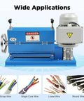 Heavy Duty Portable Electric Wire Stripper & Automatic Cable Cutter For Scrap Copper Recycling showing blue machine with motor and safety sign.