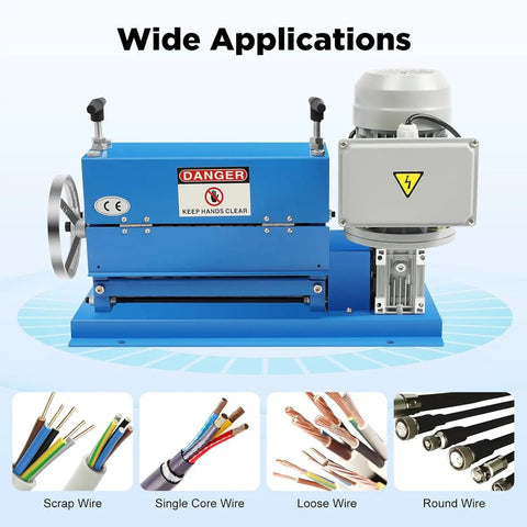 Heavy Duty Portable Electric Wire Stripper & Automatic Cable Cutter For Scrap Copper Recycling showing blue machine with motor and safety sign.