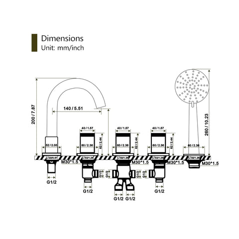 Dimensions diagram of Brushed Gold Five Hole Roman Tub Faucet With Sprayer Deck Mount Tub Filler Set Five Piece Bath Tub Faucet Three Handle