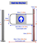 Solid Self Closing Safety Gate With Hassle Free Post Mount, Ninety Degree Spring Loaded Swing Door For Store Aisles, One Way Access Barrier, No Sweat Automatic Closing, Silver Plated dimensions and design layout.
