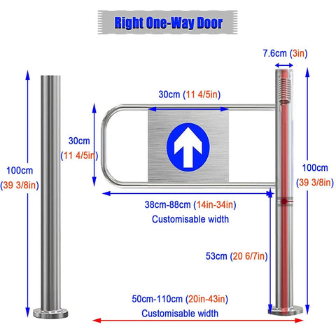 Solid Self Closing Safety Gate With Hassle Free Post Mount, Ninety Degree Spring Loaded Swing Door For Store Aisles, One Way Access Barrier, No Sweat Automatic Closing, Silver Plated dimensions and design layout.