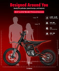 EM5 Pro 60V Electric Dirt Bike with dimensions and recommended user height and weight on a red background