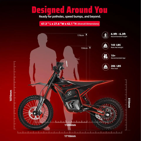 EM5 Pro 60V Electric Dirt Bike with dimensions and recommended user height and weight on a red background