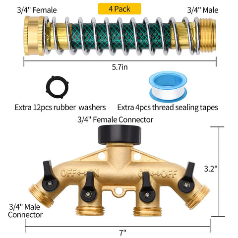 Four Way Garden Hose Splitter With Four Extension Adapters Brass Watering Splitter For Multiple Outlets Easy To Use Leak Free Includes Spring Protectors Spare Washers And Thread Sealing Tapes, 3/4 inch brass connectors, 4 pack