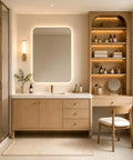 Modern 66 Inch Freestanding Bathroom Vanity Single Sink With Dedicated Makeup Station Heavy Duty Solid Wood Construction in natural bathroom.
