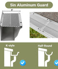 5in Aluminum Gutter Guard showing K-style and Half-Round installation options, part of Built Tough 5 Inch Aluminum Gutter Guards 20 Pack 80 Ft Total DIY.