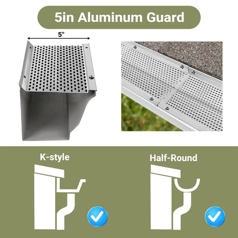 5in Aluminum Gutter Guard showing K-style and Half-Round installation options, part of Built Tough 5 Inch Aluminum Gutter Guards 20 Pack 80 Ft Total DIY.
