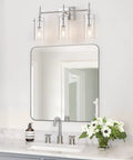 Brushed Nickel 3 Light Vanity Light For Bathroom With Clear Glass Shades Over Mirror Modern Industrial Style Vanity Fixture