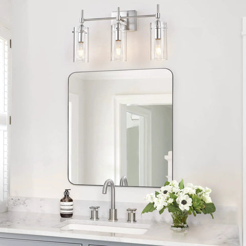 Brushed Nickel 3 Light Vanity Light For Bathroom With Clear Glass Shades Over Mirror Modern Industrial Style Vanity Fixture