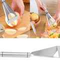 Non Slip Fruit Carving Knife With V Shape Channel And Triangular Blade displayed with carved apple slices