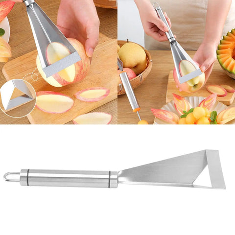 Non Slip Fruit Carving Knife With V Shape Channel And Triangular Blade displayed with carved apple slices
