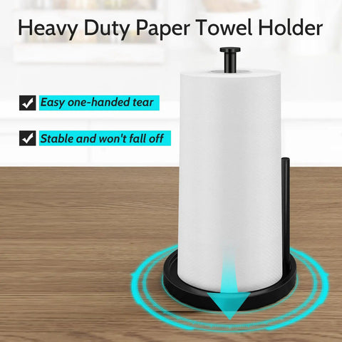 Stainless Steel Freestanding Paper Towel Holder For Countertop, Black Rack With Anti Slip Weighted Base, Effortless One Hand Tear Design Keeps Kitchen Looking Fresh on wooden surface.
