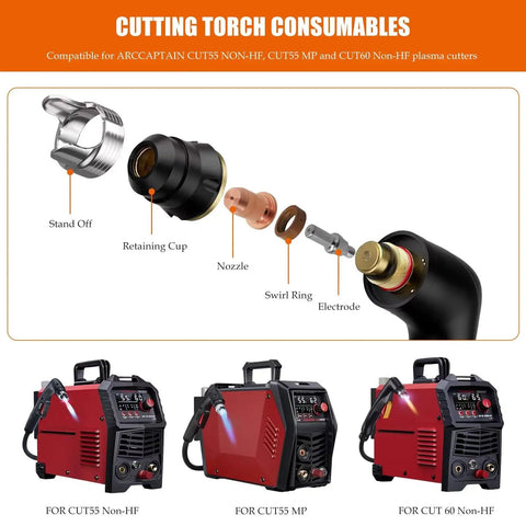 Exploded view of Plasma Cutter Consumables Kit 23 Pcs 0.045 Inch Tips For ArcCaptain Cut55 Non HF MP Cut60 Non HF Torch 50-60A