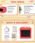 Totally Dope AI Voice To Image Sticker Maker And Mini Inkless Thermal Printer Kit For Kids features printer, charging cable, and papers.