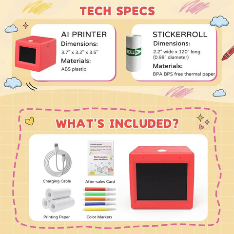 Totally Dope AI Voice To Image Sticker Maker And Mini Inkless Thermal Printer Kit For Kids features printer, charging cable, and papers.