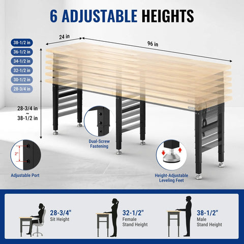 Beefy 4000 Lb Capacity Adjustable Workbench With Power Outlet And Pegboard, Heavy Duty Steel Frame, 96X24 Inch Rubber