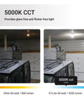 Comparison of lighting with 800 lumen 60W bulb and GT-Lite 5200 lumen 40W 5000K daylight LED in a garage setting