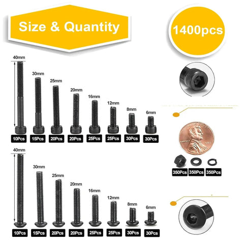 1400 Pcs M4 Hex Socket Button Head Bolts Kit With 12.9 Grade Carbon Steel Assortment For Real Tough Fastening At Home Garage And Shop Projects With Smooth Threads And Durable Build. Size chart of M4 hex socket button head bolts, 1400 pcs, 12.9 carbon steel