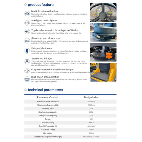 Technical specifications and features of Beast Ride On Floor Scrubber For Large Spaces With A 45 Inch Cleaning Path Delivers About 70 000 Sq Ft Per Hour Dual Disc Brush 53 Gallon Water Tank Heavy Duty Floor Cleaning Machine For Warehouses Malls And Industrial Use.
