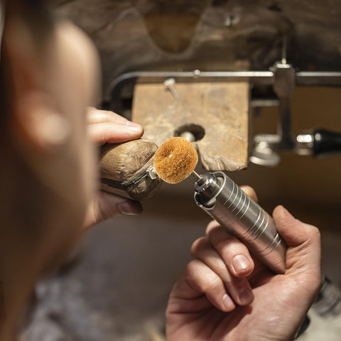 Using Buffing Wheel Set 1 Inch For Rotary Tool, 1/8 Inch Shank (3mm), Yellow 80 Grit Abrasive Buffing Wheels on wood object