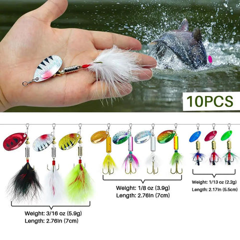 10 Piece Spinner Lures Kit With Tackle Box For Freshwater And Saltwater Fishing on hand near water