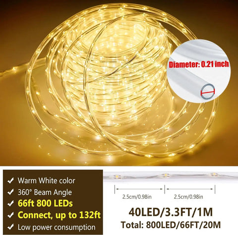 Lit 120 Led Rope Lights 40ft Plug In Outdoor String Light Set With 16 Color Changing Modes Waterproof IP68 Remote Timer Twinkle And Party Lights For Wedding Garden Patio Party Indoor Outdoor Decor 132 Modes coiled in a warm glow with product specifications.