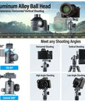 Compact Mini Desktop Tripod For DSLR, Mirrorless Camera, Phone And Action Cam With 360 Degree Ball Head, various angles shown