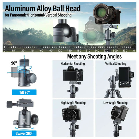 Compact Mini Desktop Tripod For DSLR, Mirrorless Camera, Phone And Action Cam With 360 Degree Ball Head, various angles shown