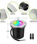 RGBW Low Voltage Landscape Lights With Wire Connectors 12 Pack Outdoor LED Well Lighting IP67 features and dimensions.
