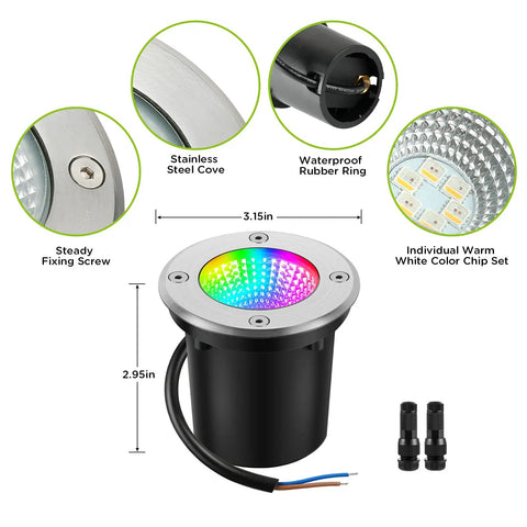 RGBW Low Voltage Landscape Lights With Wire Connectors 12 Pack Outdoor LED Well Lighting IP67 features and dimensions.