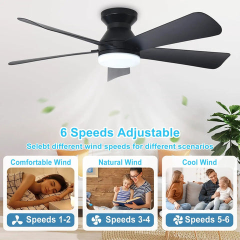 Cool 42 Inch Black Ceiling Fan With Light For Indoor And Outdoor Use Dimmable LED Remote Control Flush Mount Low Profile Design 6 Speeds Timer Reversible Black Blades For Modern Rooms